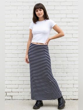 BCBG Maxazria Sydnee XS Navy Cream Striped Stretchy Soft Ribbed Knit Maxi Skirt